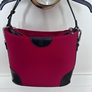 Joy Mangano red bucket bag with black trim